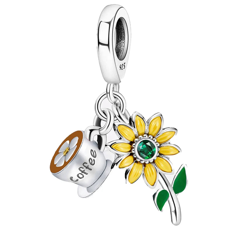 Perline Bracciale Argento 925 Sterling - Collezione Fiori Girasole e Rosa con Zirconi