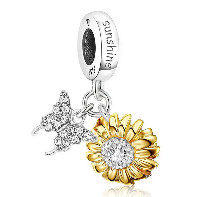 Perline Bracciale Argento 925 Sterling - Collezione Fiori Girasole e Rosa con Zirconi