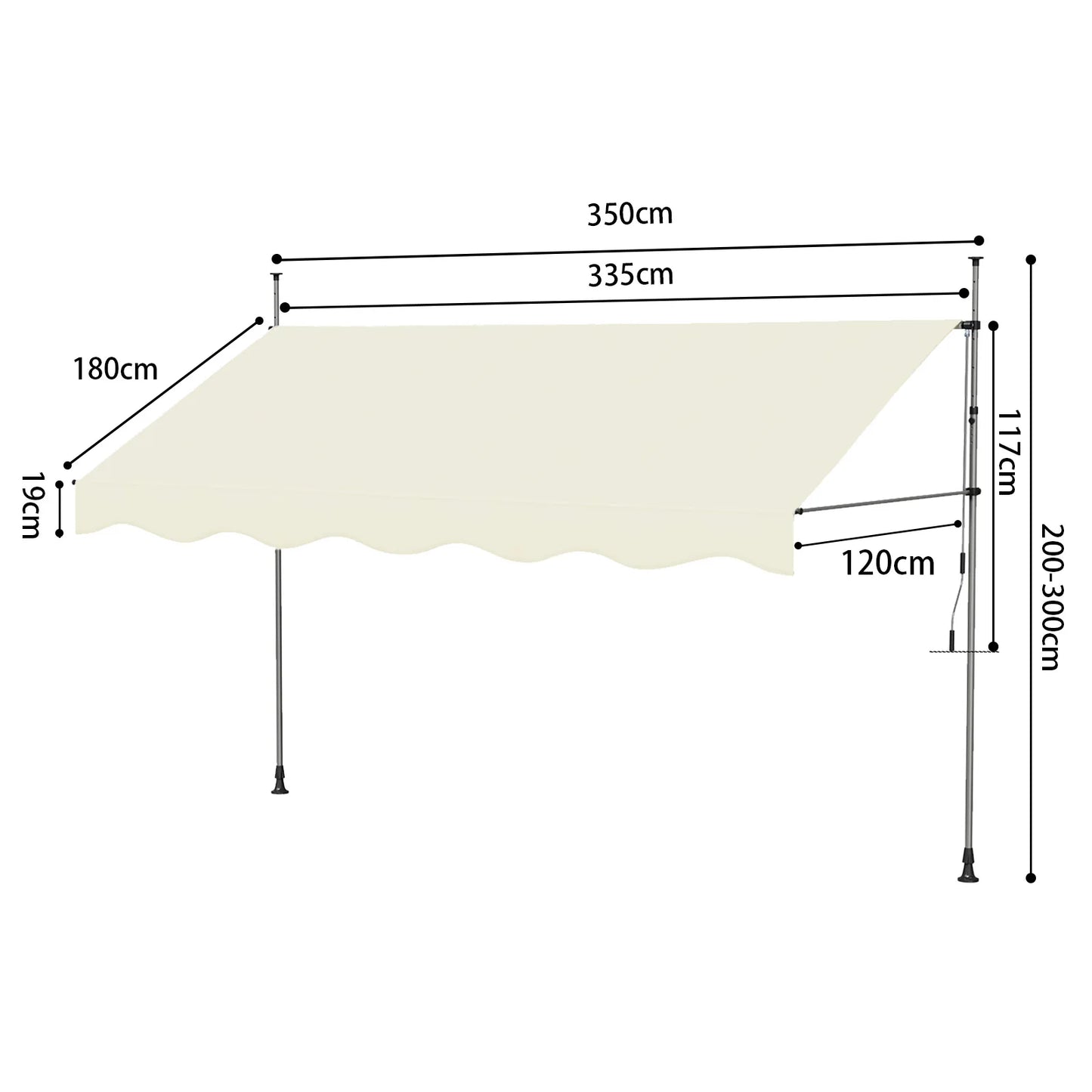 Tenda da Sole Manuale con Manovella 350x120 cm Retrattile, Altezza Regolabile 200-300cm Senza Foratura per Balcone, Giardino