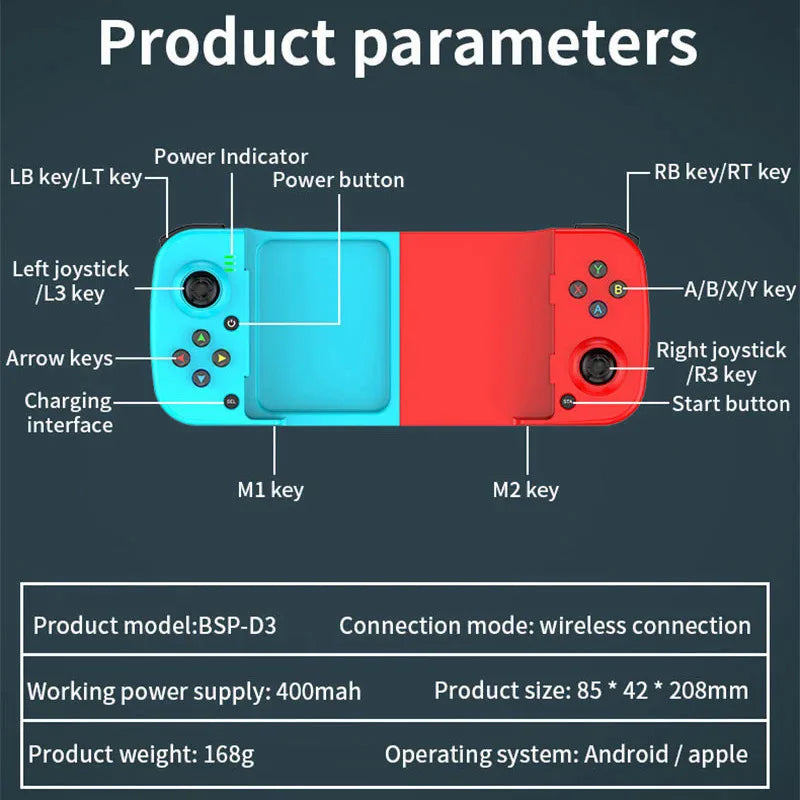 🎮Controller Wireless Estensibile | Gamepad Bluetooth 5.0 per Android/iOS | Compatibile con Samsung/Huawei/Iphone| Design Ergonomico & Portatile
