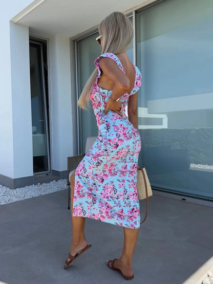 Vestito Midi Floreale Elegante - Abito Estate Donna con Spacco Laterale