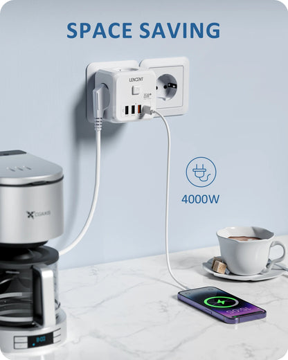 Extender Presa 7-in-1 - 3 USB + 1 Tipo C + 3 Prese EU con Interruttore