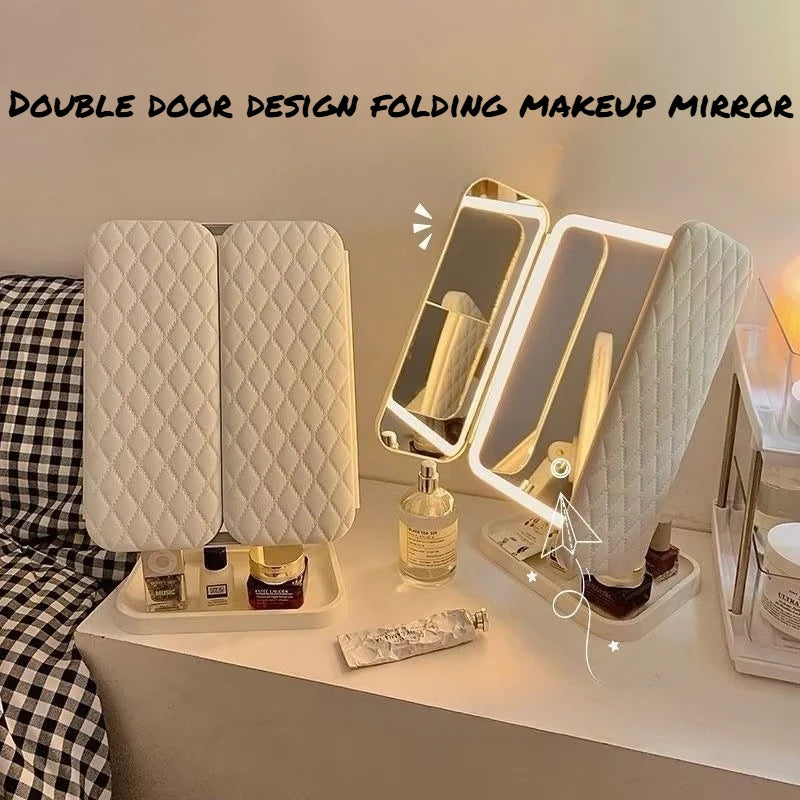 Specchio Trucco LED Triplo Portatile | Doppia Antina, Touch 3 Luci, Base 360° Rotante | Vanity Desktop