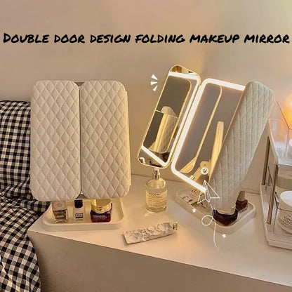 Specchio Trucco LED Triplo Portatile | Doppia Antina, Touch 3 Luci, Base 360° Rotante | Vanity Desktop