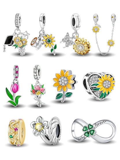 Perline Bracciale Argento 925 Sterling - Collezione Fiori Girasole e Rosa con Zirconi
