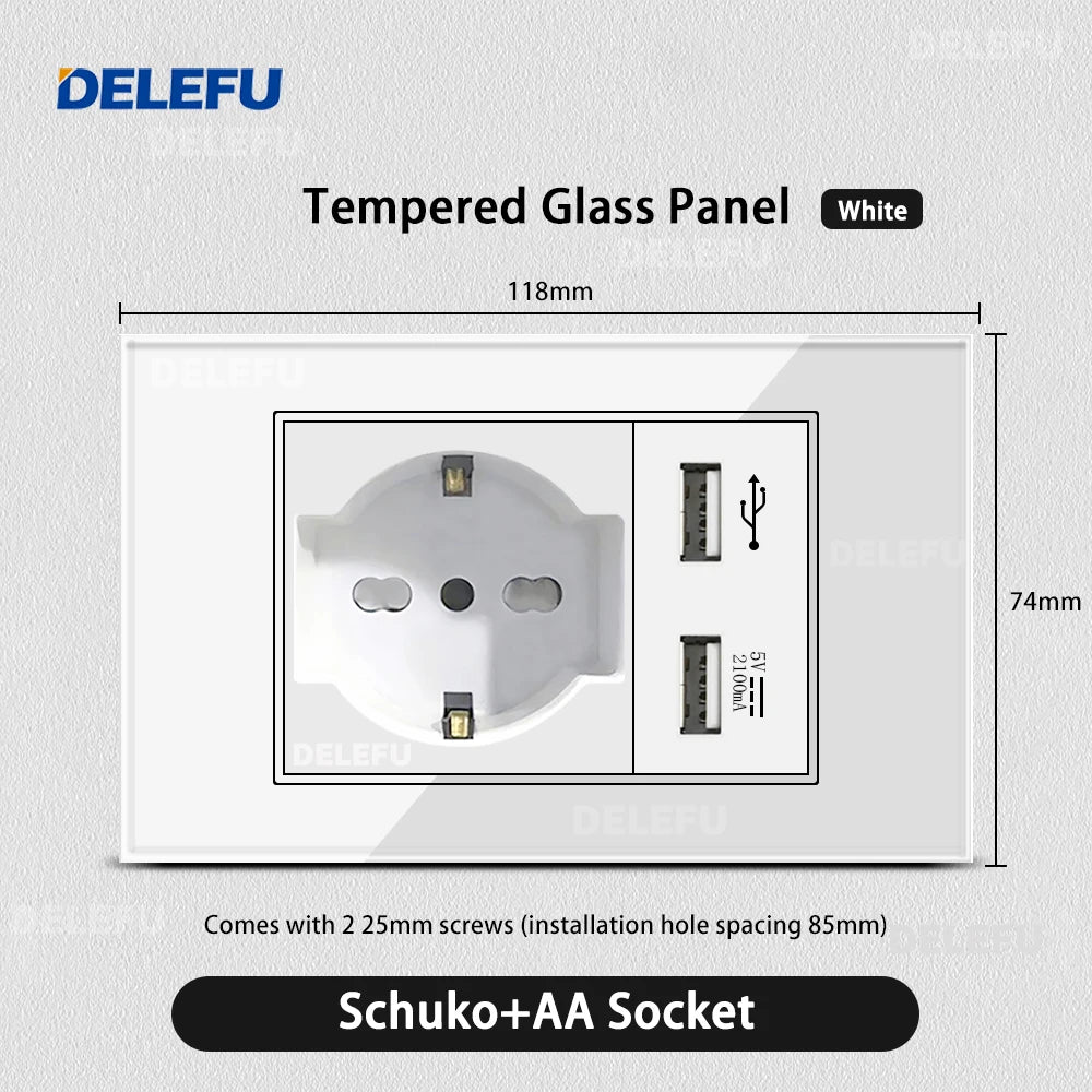 ⚡ Presa Muro Smart DELEFU - Vetro Temperato Bianco, USB Type-C, Ricarica Rapida 20W, Compatibile con Schuko Italia