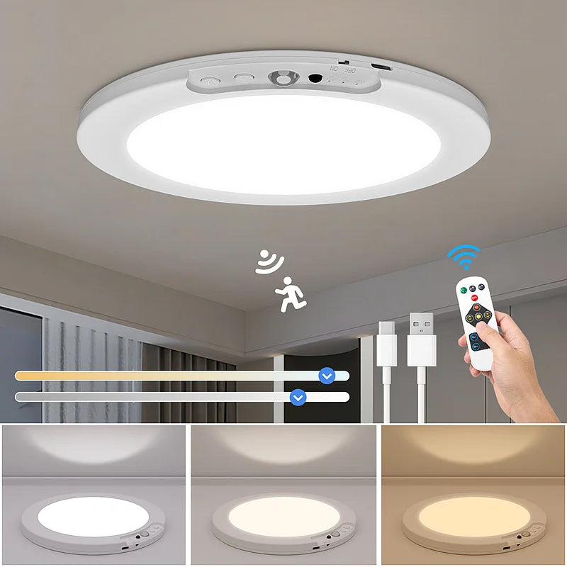 Luce Soffitto a Sensore di Movimento Ricaricabile USB | Lampada Magnetica Wireless con Telecomando | LED 3 Colori Dimmerabile per Cucina, Camera, Corridoio