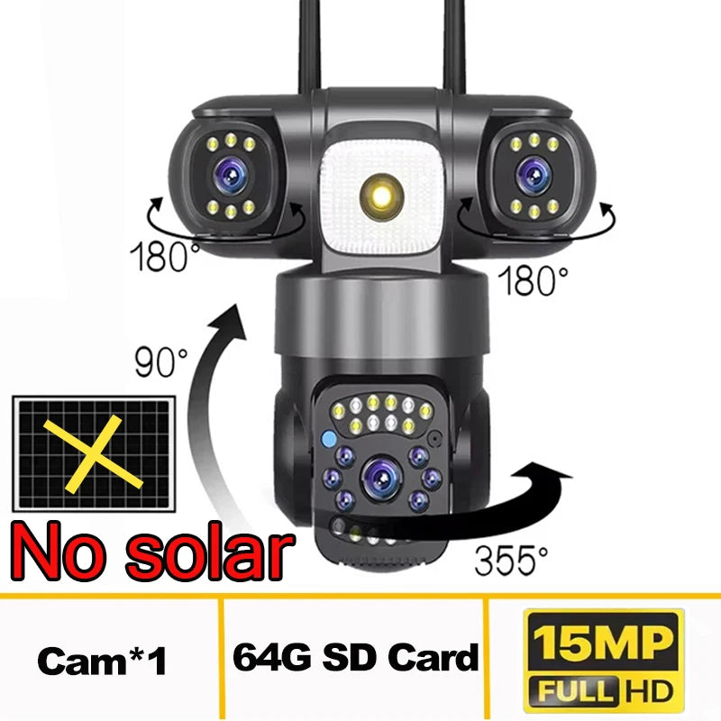 Telecamera IP WiFi Solare PTZ 15MP 3 Lenti Zoom 10X, Visione Notturna, PIR, Batteria 20000mAh Esterno Impermeabile