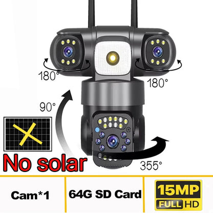 Telecamera IP WiFi Solare PTZ 15MP 3 Lenti Zoom 10X, Visione Notturna, PIR, Batteria 20000mAh Esterno Impermeabile