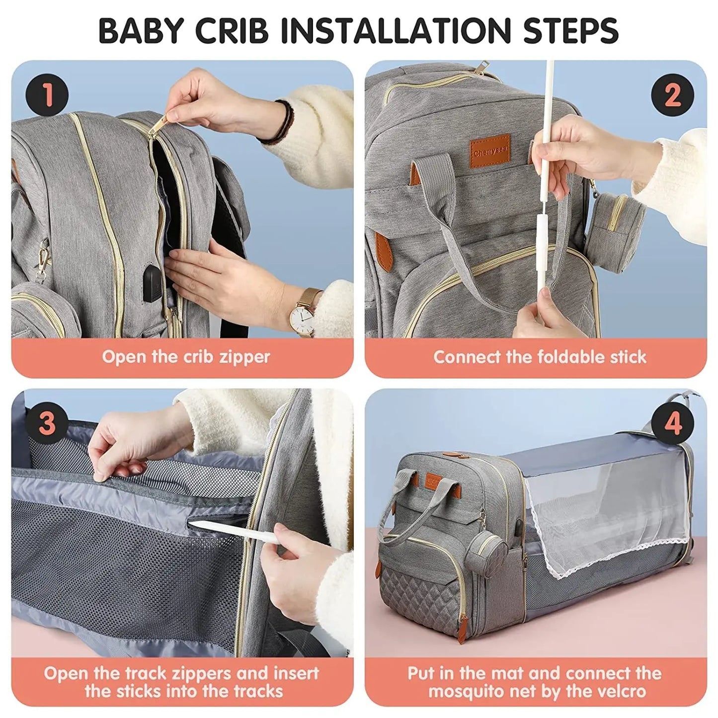 Zaino Pannolini 3in1 Impermeabile USB, Borsa Viaggio con Fasciatoio, 15 Tasche