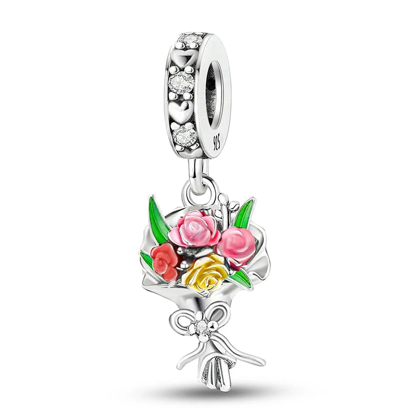 Perline Bracciale Argento 925 Sterling - Collezione Fiori Girasole e Rosa con Zirconi