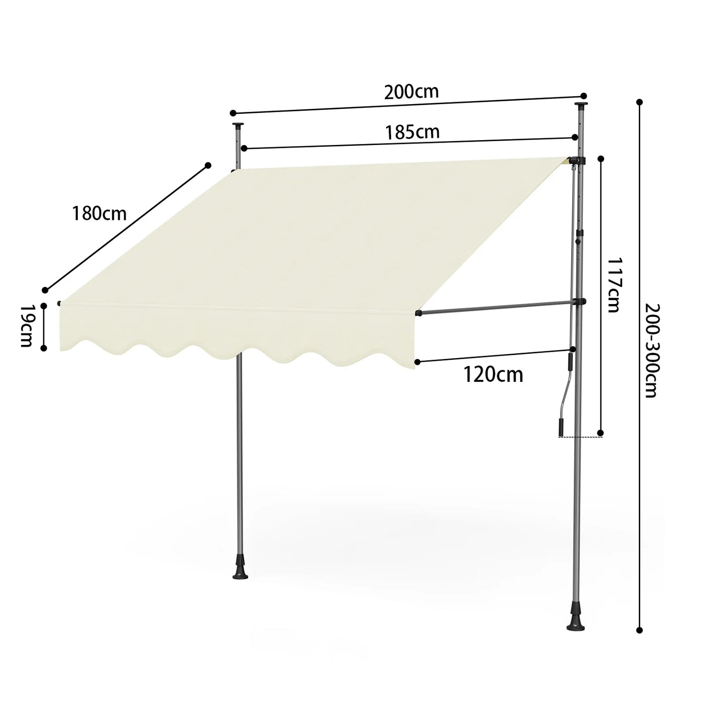 Tenda da Sole Manuale con Manovella 350x120 cm Retrattile, Altezza Regolabile 200-300cm Senza Foratura per Balcone, Giardino