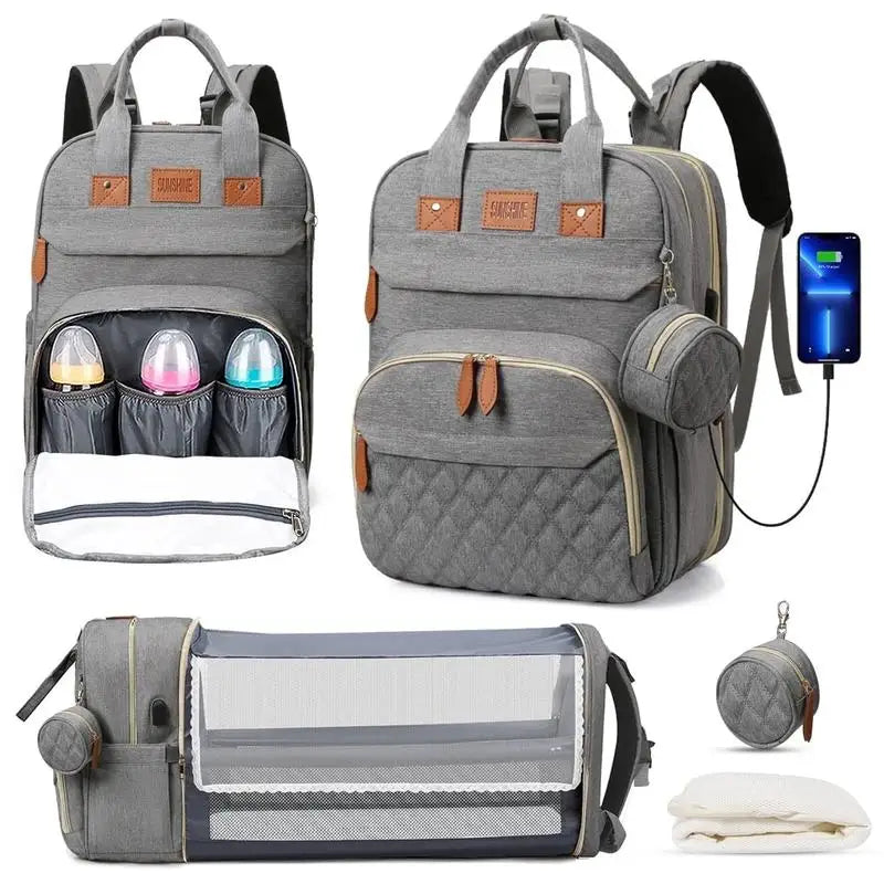 Zaino Pannolini 3in1 Impermeabile USB, Borsa Viaggio con Fasciatoio, 15 Tasche