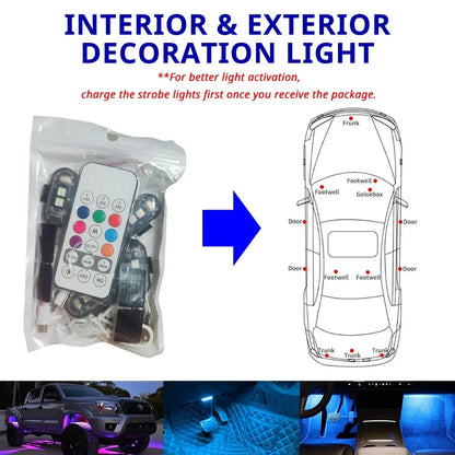 Luci Multiuso - Auto Stroboscopiche RGB Wireless | 8 Colori, 10 Modalità, Telecomando, Ricaricabili | per Esterni/Interni Veicoli