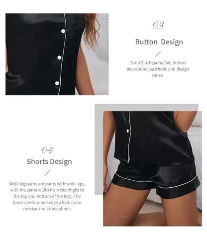 Pigiama Satin Donna - Top con Bottoni + Shorts - Set Notte Estat