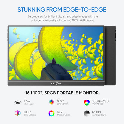 Monitor Portatile 16.1" ARZOPA Z1C | FHD IPS 100% sRGB, 350 Nit | Schermo Esterno per Mac, PC, Console