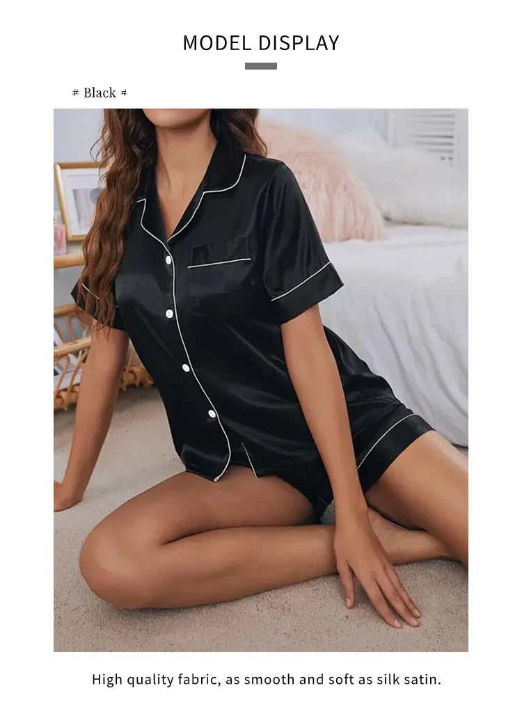Pigiama Satin Donna - Top con Bottoni + Shorts - Set Notte Estat