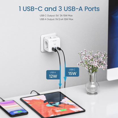 Extender Presa 7-in-1 - 3 USB + 1 Tipo C + 3 Prese EU con Interruttore