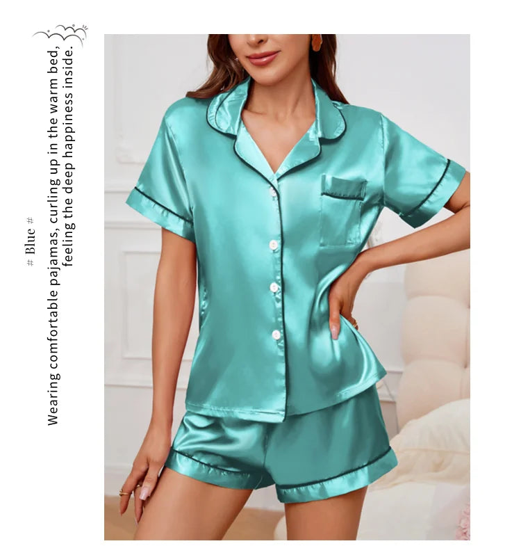 Pigiama Satin Donna - Top con Bottoni + Shorts - Set Notte Estat
