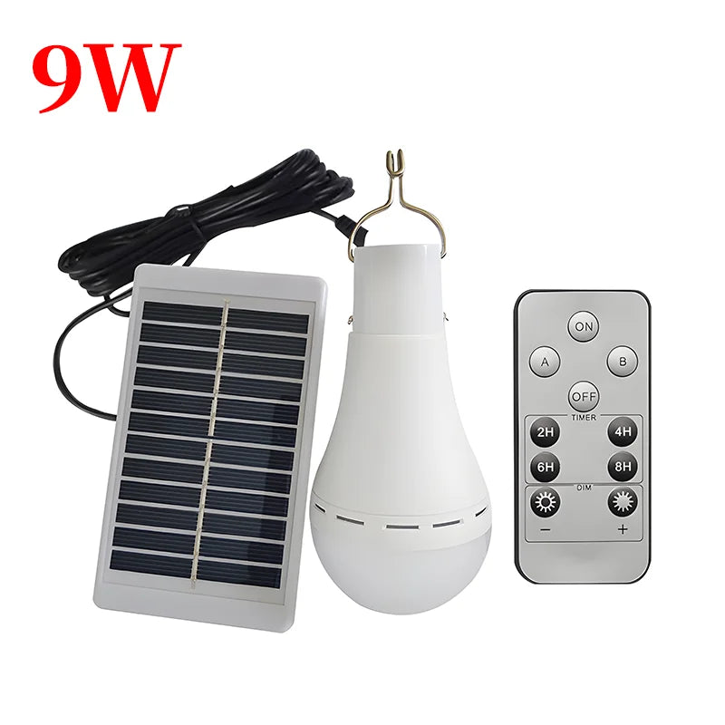 Lampadina Solare LED 7W/9W con Telecomando | Ricaricabile USB + Pannello Solare | Luce Sospensione per Esterno, Campeggio, Emergenza