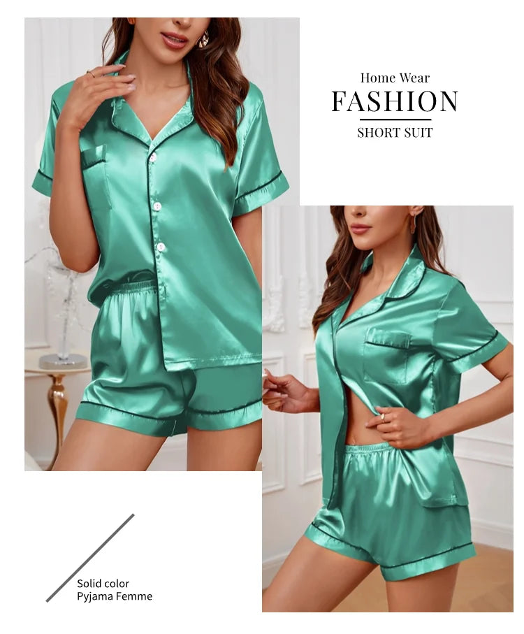 Pigiama Satin Donna - Top con Bottoni + Shorts - Set Notte Estat