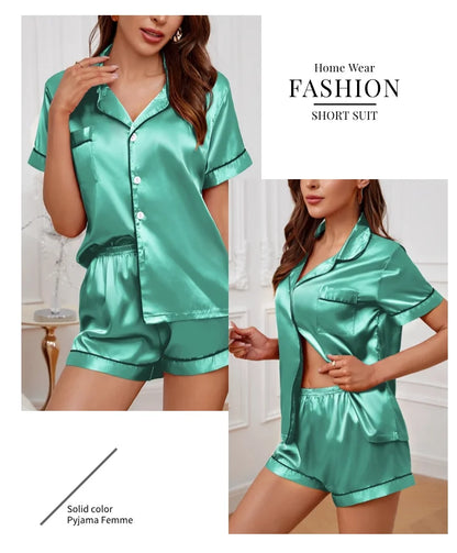 Pigiama Satin Donna - Top con Bottoni + Shorts - Set Notte Estat
