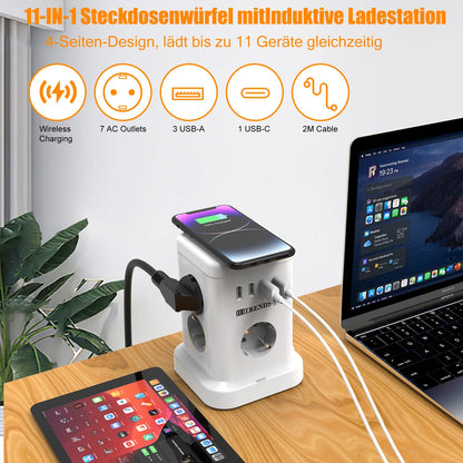 Ciabatta 11 Prese UE con Ricarica Wireless 15W, 4 USB, 2m