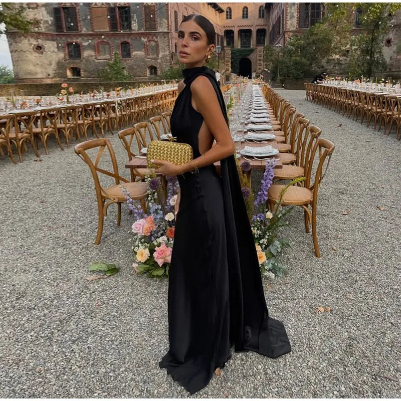 ABITO LUNGO ELEGANTE DONNA – Stile Senza Spalle con Schiena Nuda, Perfetto per l’Estate 2025!
