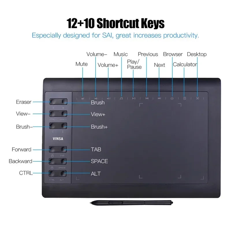 Tavoletta Grafica 10x6" - 8192 Livelli, 12 Tasti Express, Senza Batteria