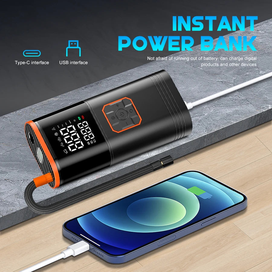 Compressore Portatile 8-in-1 🚀 | Avviamento Auto, Luce SOS, USB | Fino a 130PSI