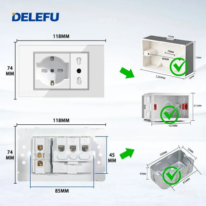 ⚡ Presa Muro Smart DELEFU - Vetro Temperato Bianco, USB Type-C, Ricarica Rapida 20W, Compatibile con Schuko Italia