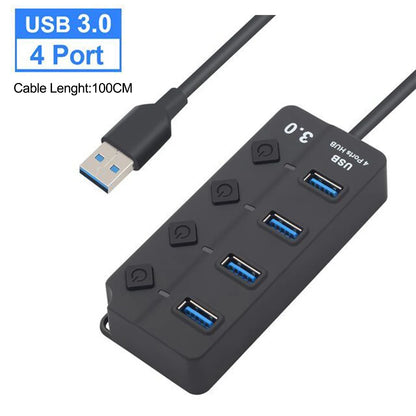 Hub USB 3.0 4/7 Porte con Interruttore e LED | Cavo 100cm, 5Gbps, Alimentato da BUS | Multi Splitter per Computer, Laptop, PC