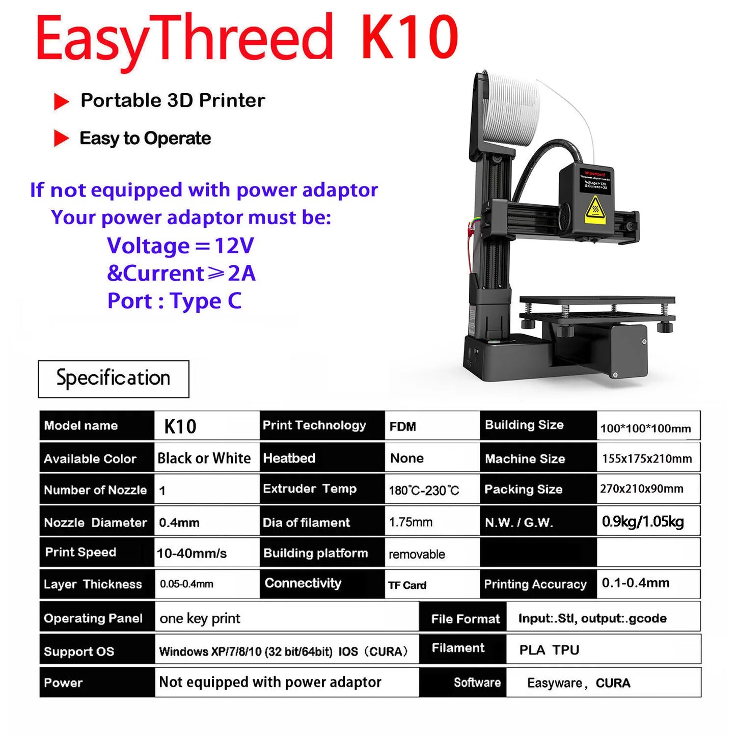 Stampante 3D EasyThreed Base - Con Adattatore, Per PLA e TPU 1.75mm