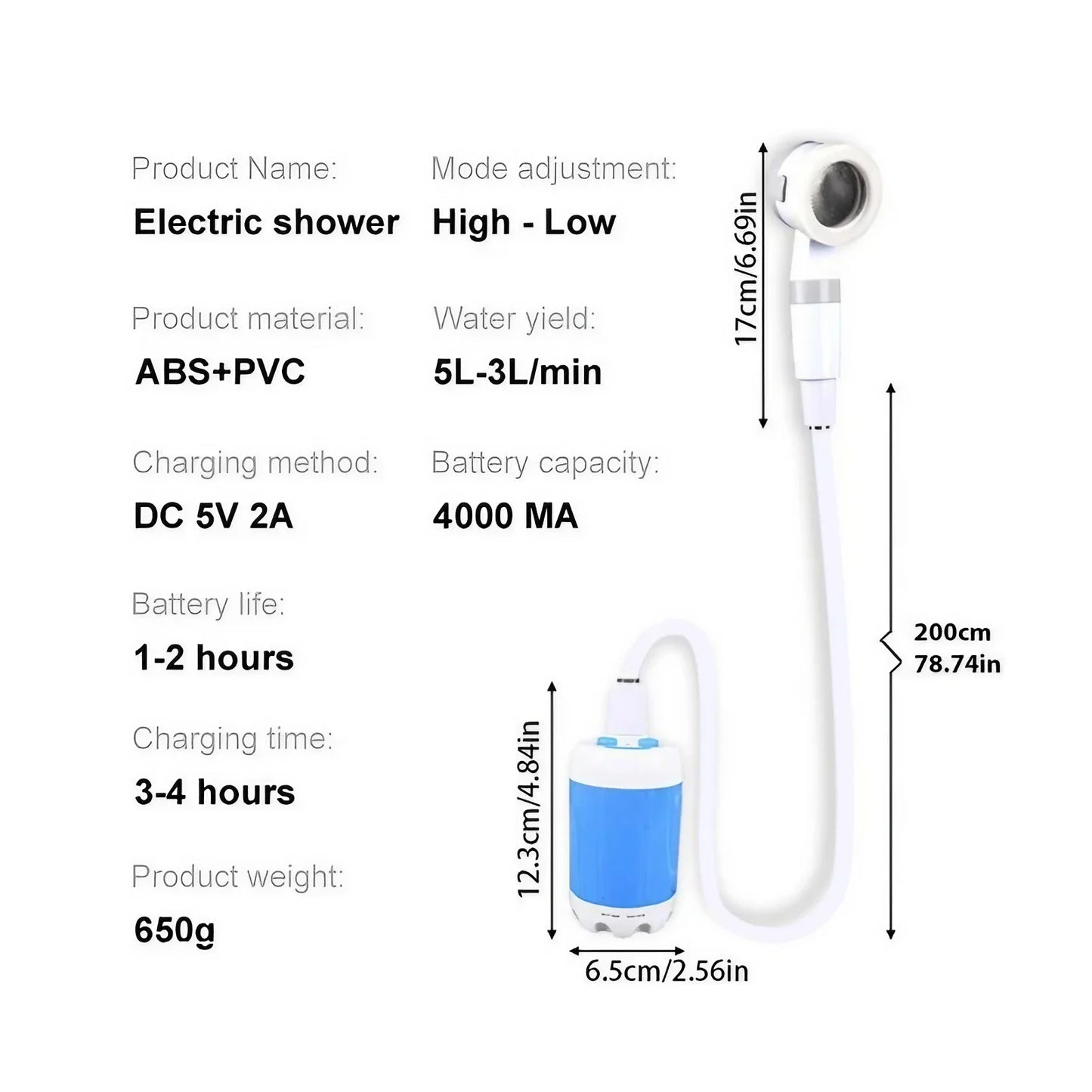 Doccia Esterna Portatile Ricaricabile Usb Compatta a Batteria Campeggio, Animali, Bagno