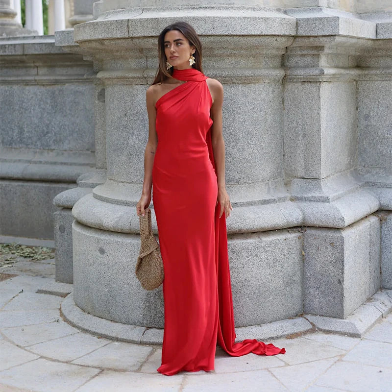 ABITO LUNGO ELEGANTE DONNA – Stile Senza Spalle con Schiena Nuda, Perfetto per l’Estate 2025!