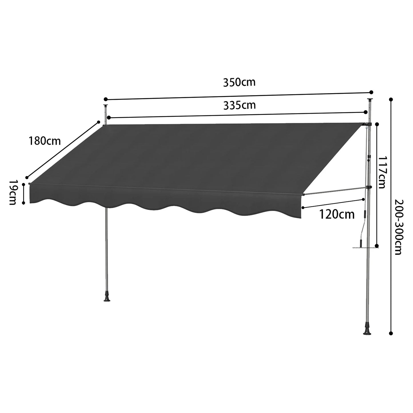 Tenda da Sole Manuale con Manovella 350x120 cm Retrattile, Altezza Regolabile 200-300cm Senza Foratura per Balcone, Giardino