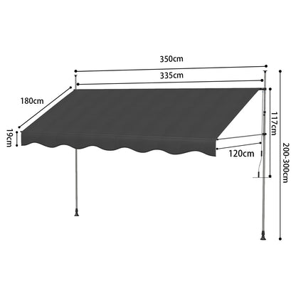 Tenda da Sole Manuale con Manovella 350x120 cm Retrattile, Altezza Regolabile 200-300cm Senza Foratura per Balcone, Giardino