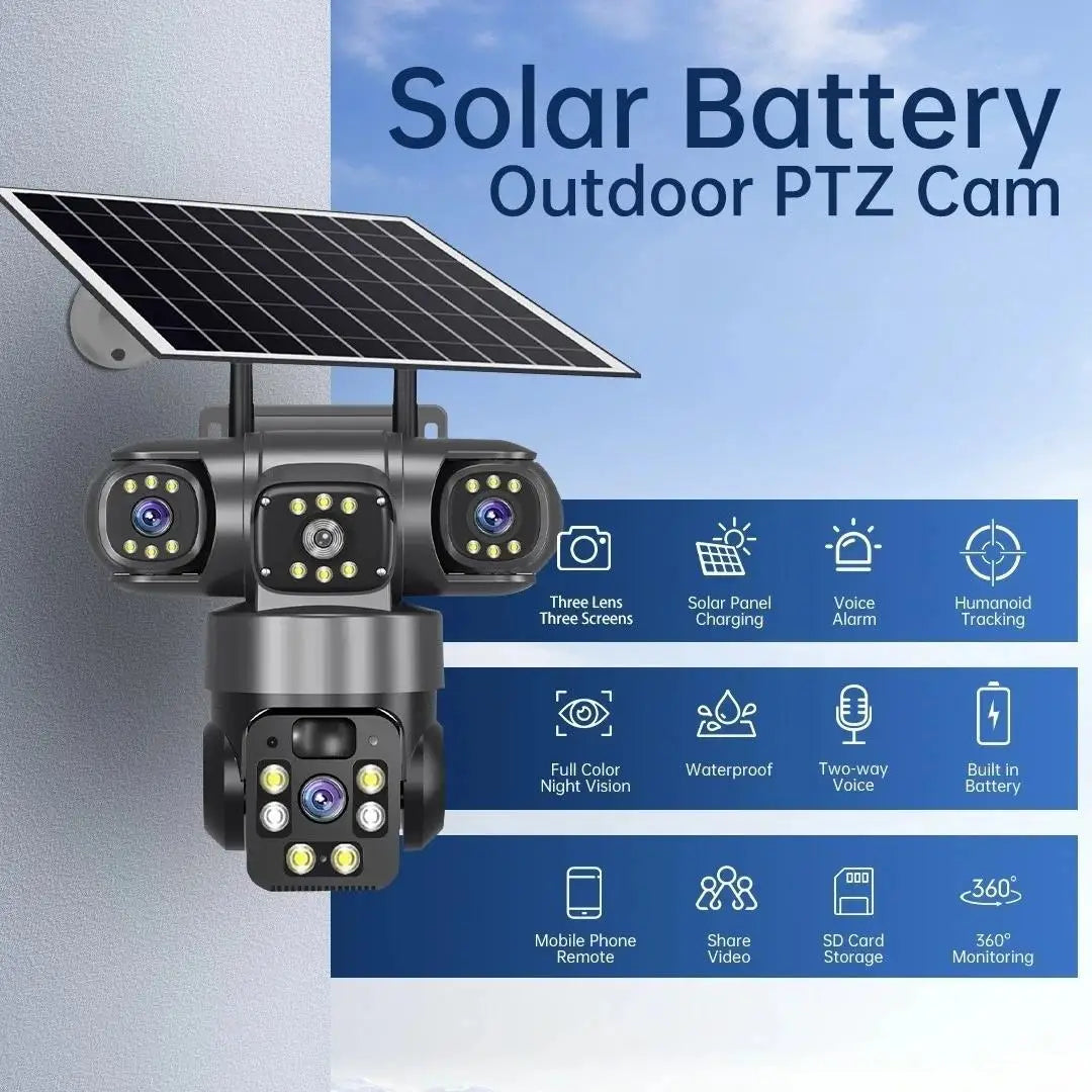 Telecamera IP WiFi Solare PTZ 15MP 3 Lenti Zoom 10X, Visione Notturna, PIR, Batteria 20000mAh Esterno Impermeabile