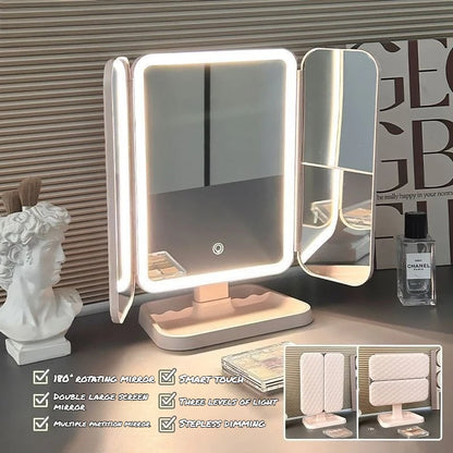 Specchio Trucco LED Triplo Portatile | Doppia Antina, Touch 3 Luci, Base 360° Rotante | Vanity Desktop