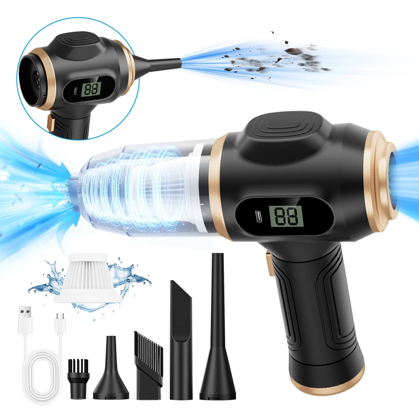 Aspirapolvere & Soffiatore Wireless Auto/Casa ABS 130W | Potente Pulitore per Auto, Divano, Ufficio, Tappeti | Macchina Ricaricabile per la Casa