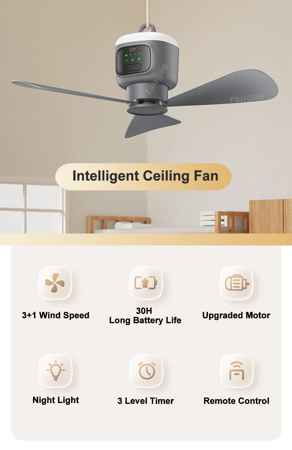 Ventilatore Soffitto Portatile 12000mAh - Ricaricabile, LED, Telecomando per Campeggio