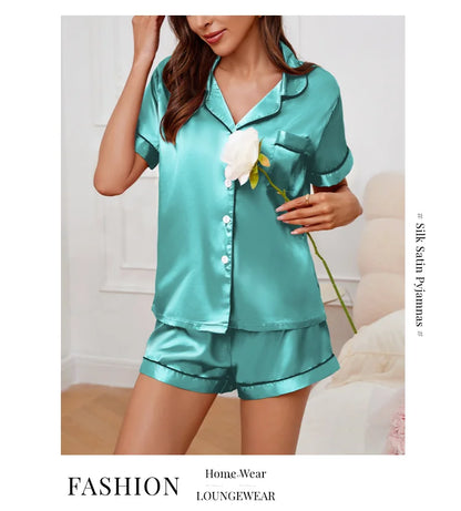 Pigiama Satin Donna - Top con Bottoni + Shorts - Set Notte Estat