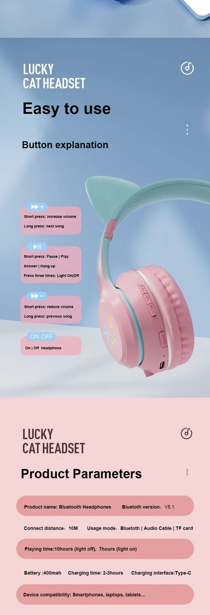 Cuffie Gatto Bluetooth 5.1 – Luci LED Colorate, Graziose Orecchie, Stereo HD
