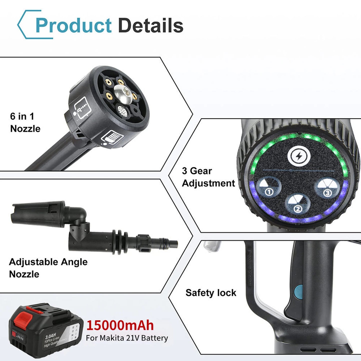 Idropulitrice 200 Bar Senza Spazzole  6 in 1 per Auto, Giardino  Batteria Makita 21V  Pistola Ad Alta Pressione Portatile