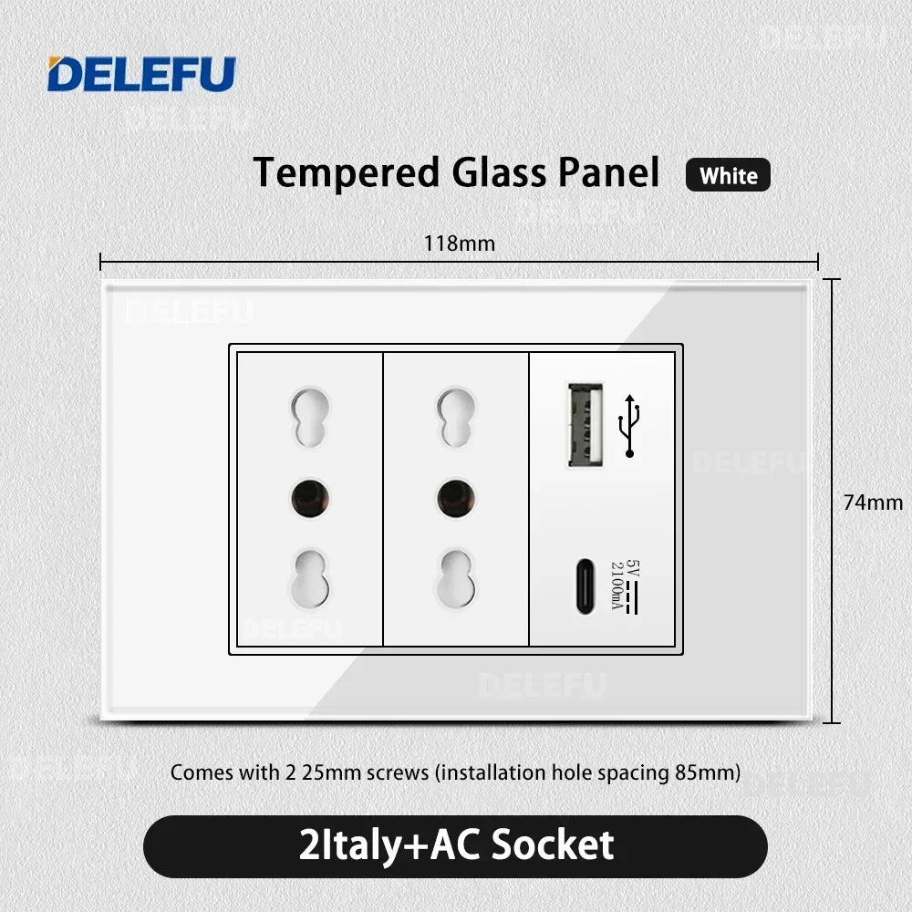 ⚡ Presa Muro Smart DELEFU - Vetro Temperato Bianco, USB Type-C, Ricarica Rapida 20W, Compatibile con Schuko Italia