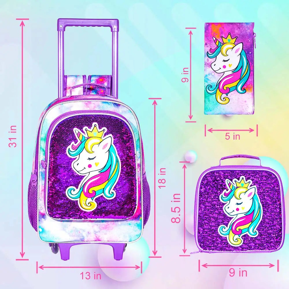 🦄 Zaino Trolley Unicorn 3-in-1 - Set Scuola con Portapranzo + Astuccio