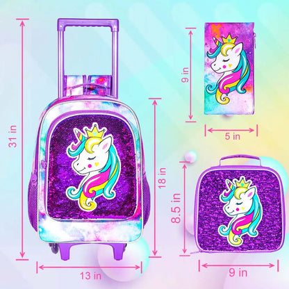 🦄 Zaino Trolley Unicorn 3-in-1 - Set Scuola con Portapranzo + Astuccio