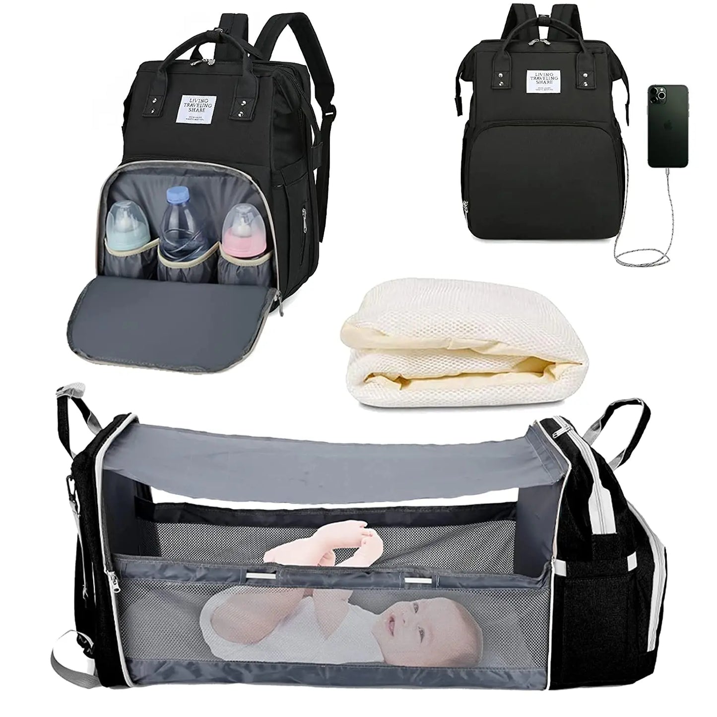 Zaino Pannolini 3in1 Impermeabile USB, Borsa Viaggio con Fasciatoio, 15 Tasche