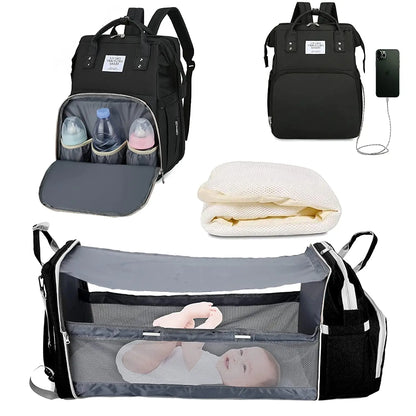 Zaino Pannolini 3in1 Impermeabile USB, Borsa Viaggio con Fasciatoio, 15 Tasche