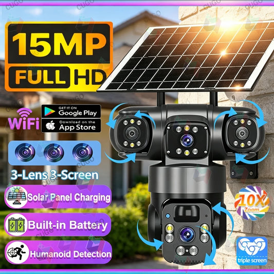 Telecamera IP WiFi Solare PTZ 15MP 3 Lenti Zoom 10X, Visione Notturna, PIR, Batteria 20000mAh Esterno Impermeabile